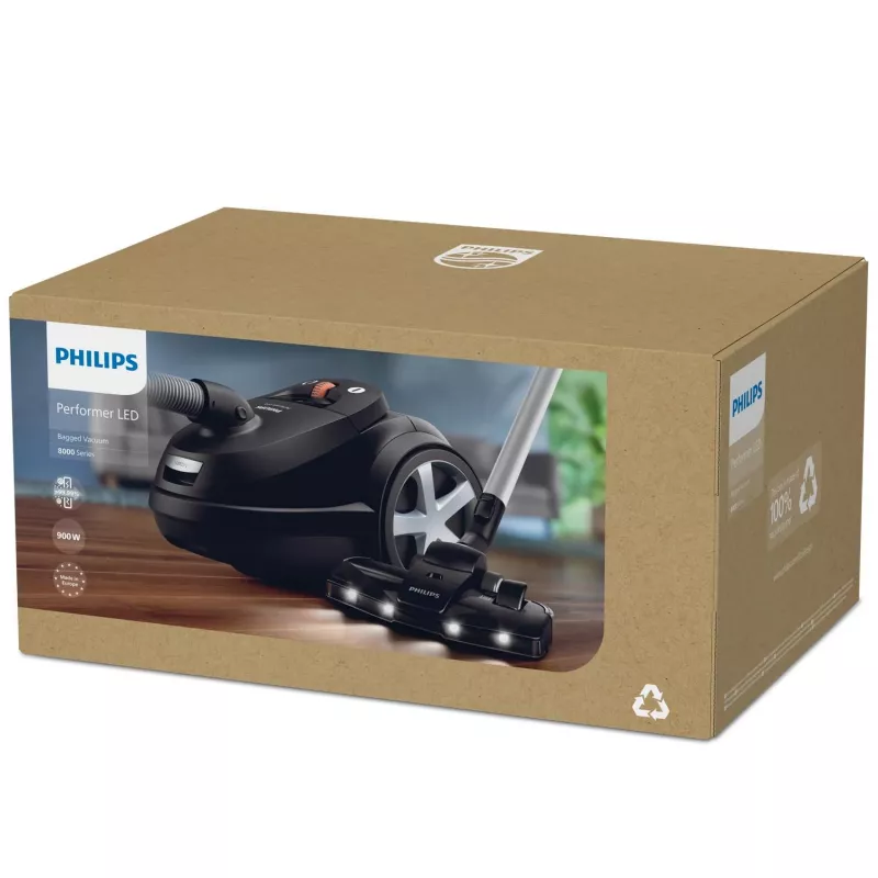 Cilindrinis dulkių siurblys Philips 8000 serija XD8122/10 — 900 W, 4 L dulkių maišas, HEPA filtras, juodas