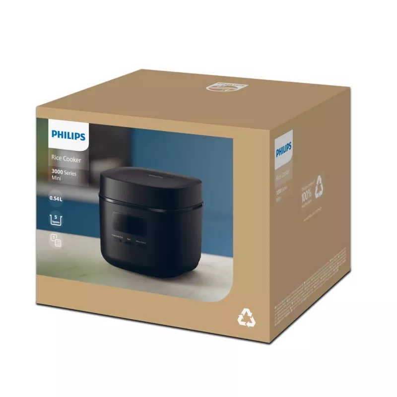 Ryžių virimo aparatas Philips 3000 serijos HD3080/80, 0.54 L, 400 W, juodas, mygtukų valdymas