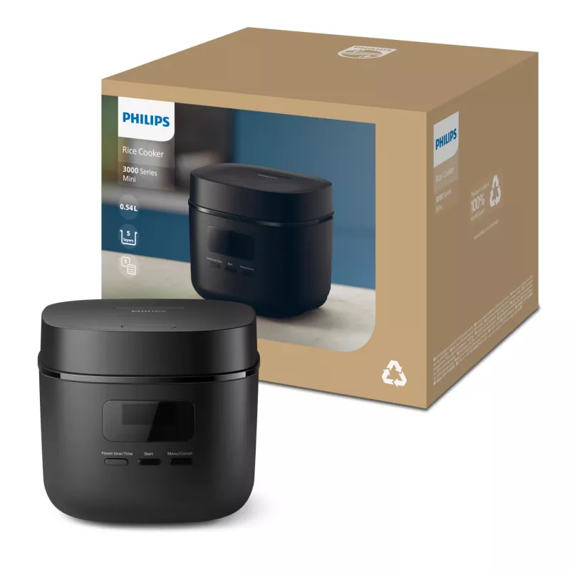 Ryžių virimo aparatas Philips 3000 serijos HD3080/80, 0.54 L, 400 W, juodas, mygtukų valdymas