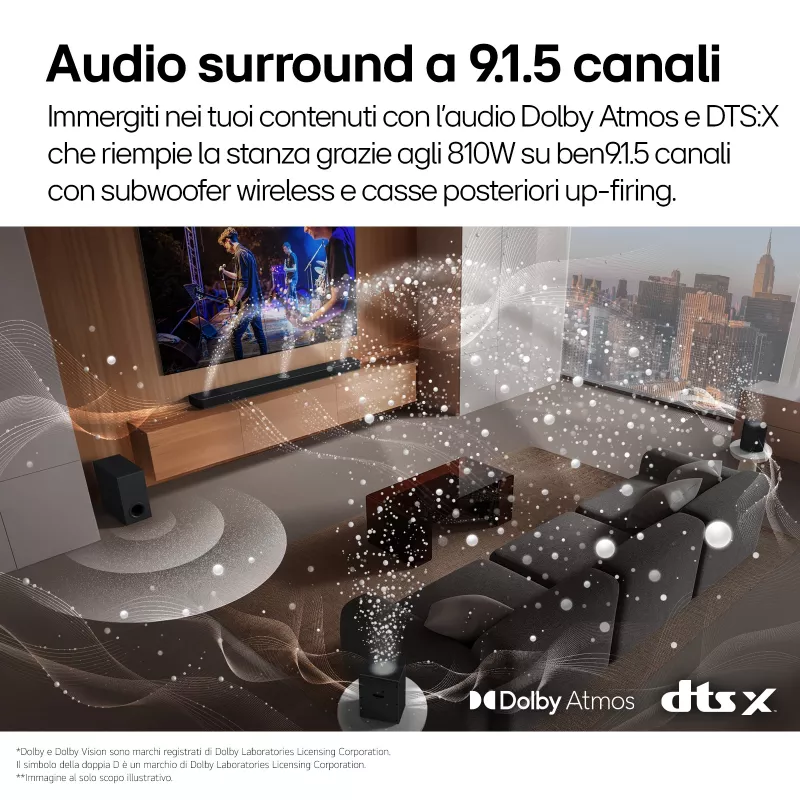 LG S95TR 9.1.5 kanalų garso juosta 810 W RMS su belaidžiu 220 W žemų dažnių garsiakalbiu, juoda