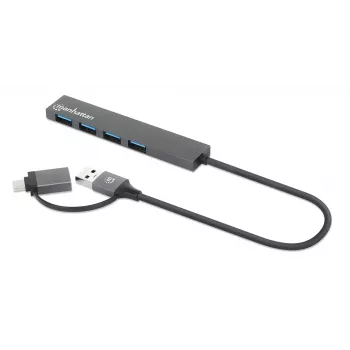 Manhattan USB-C & USB-A Combo Dock/Hub, 4x USB-A, 5 Gbps, USB maitinamas, 25 cm kabelis