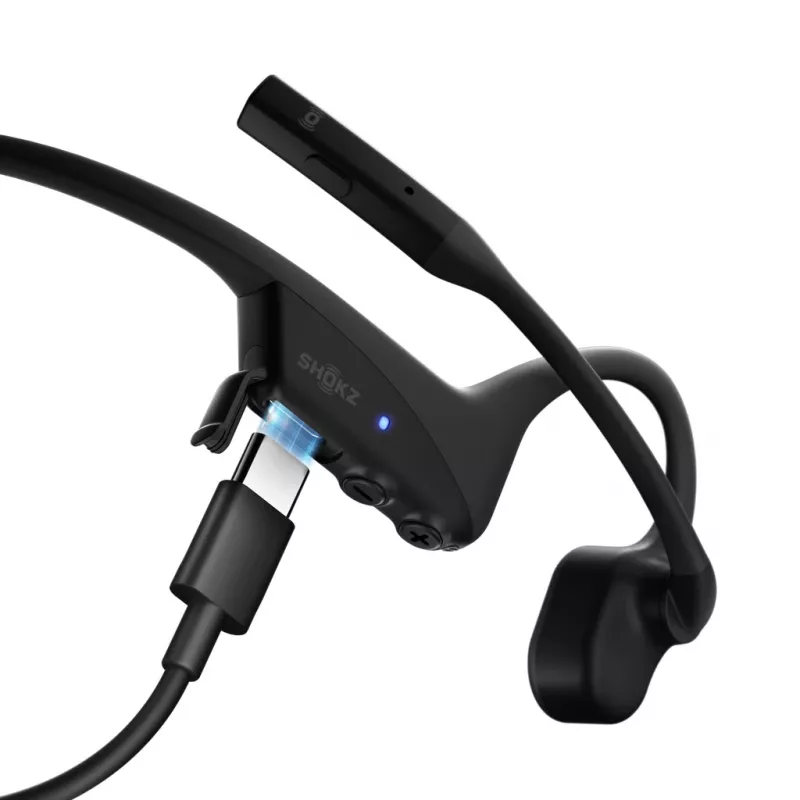 SHOKZ OpenComm2 2025 Upgrade belaidžiai kaulinio garso ausinės su triukšmą slopinančiu mikrofonu, USB-C, juodos spalvos