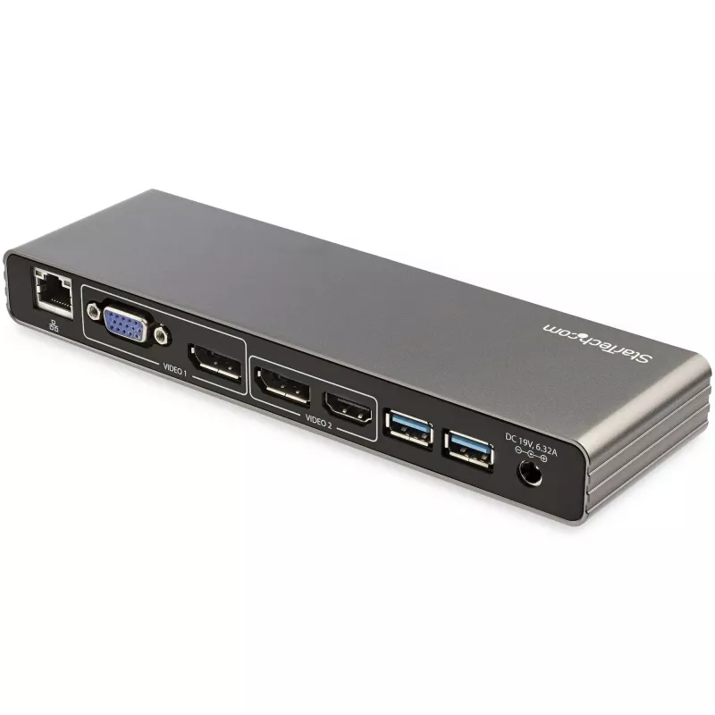 StarTech.com Thunderbolt 3 dokavimo stotelė – dviejų 4K 60Hz monitorių palaikymas, DisplayPort, HDMI ir 1080p VGA, 85W galios tiekimas, 2x USB-A, Ethernet, skirta Mac ir Windows
