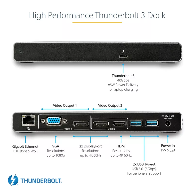 StarTech.com Thunderbolt 3 dokavimo stotelė – dviejų 4K 60Hz monitorių palaikymas, DisplayPort, HDMI ir 1080p VGA, 85W galios tiekimas, 2x USB-A, Ethernet, skirta Mac ir Windows