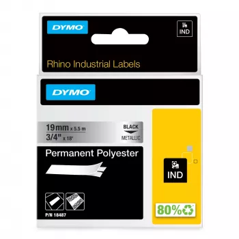 DYMO Rhino Industrial Permanent Polyester Etiketės | 19 mm x 5,5 m | Juodas spaudinys ant metalinio | Lipnios | skirta Rhino ir LabelManager etikečių spausdintuvams