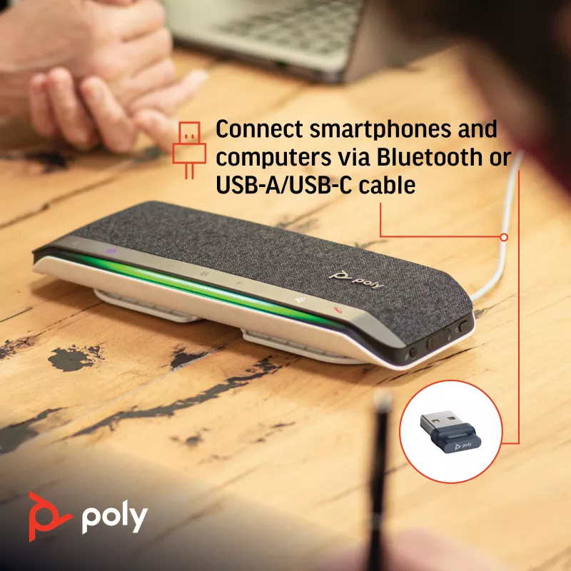 HP Poly Sync 40+ Microsoft Teams sertifikuotas garsiakalbis su USB-A, USB-C ir BT700 USB-A adapteriu