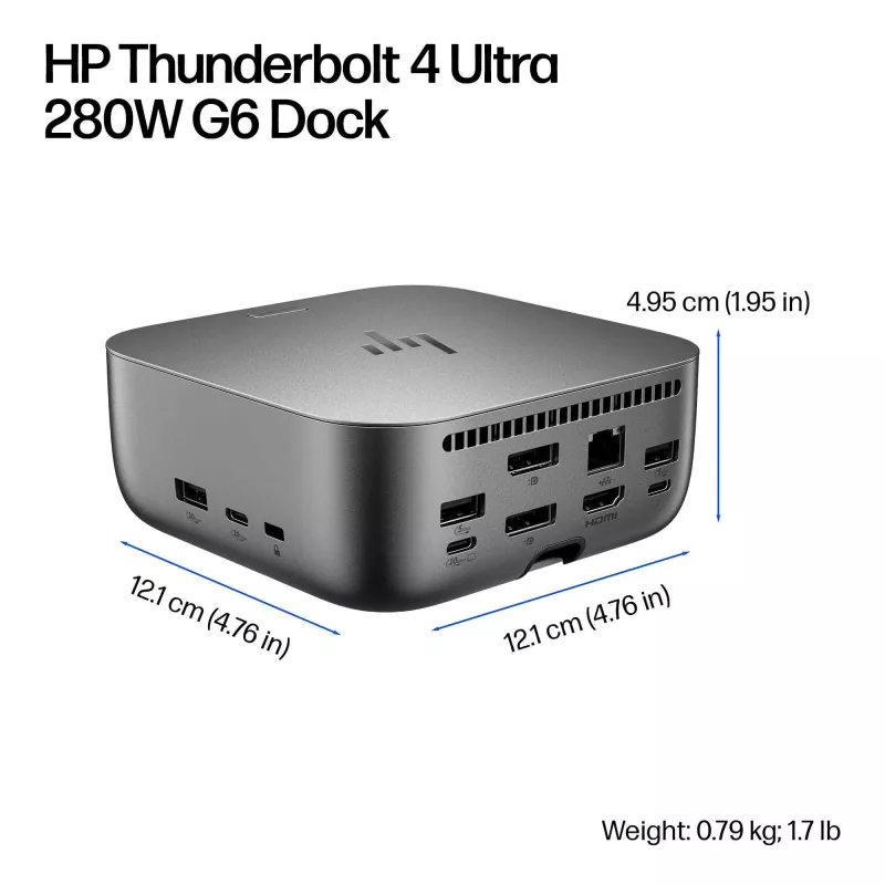 HP Thunderbolt 4 Ultra 280W G6 Dock, laidinis, Thunderbolt 4, 280 W, 10,100,1000,2500 Mbit/s, pilka, 8K Ultra HD