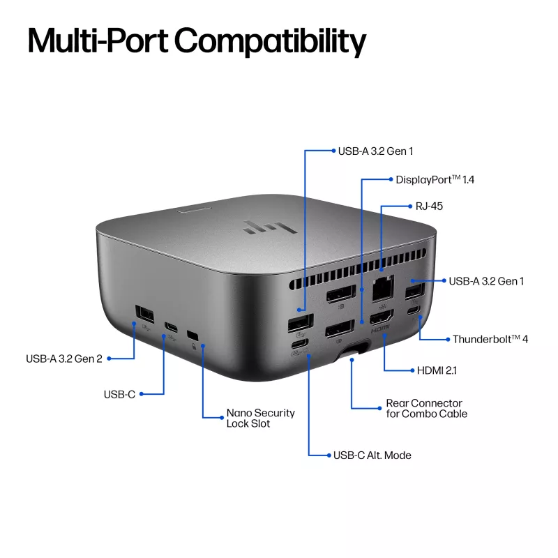 HP Thunderbolt 4 Ultra 280W G6 Dock, laidinis, Thunderbolt 4, 280 W, 10,100,1000,2500 Mbit/s, pilka, 8K Ultra HD