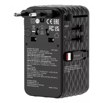 Verbatim Charge 'n' Travel 70W 2C įtraukiamas universalus kelioninis adapteris juodas
