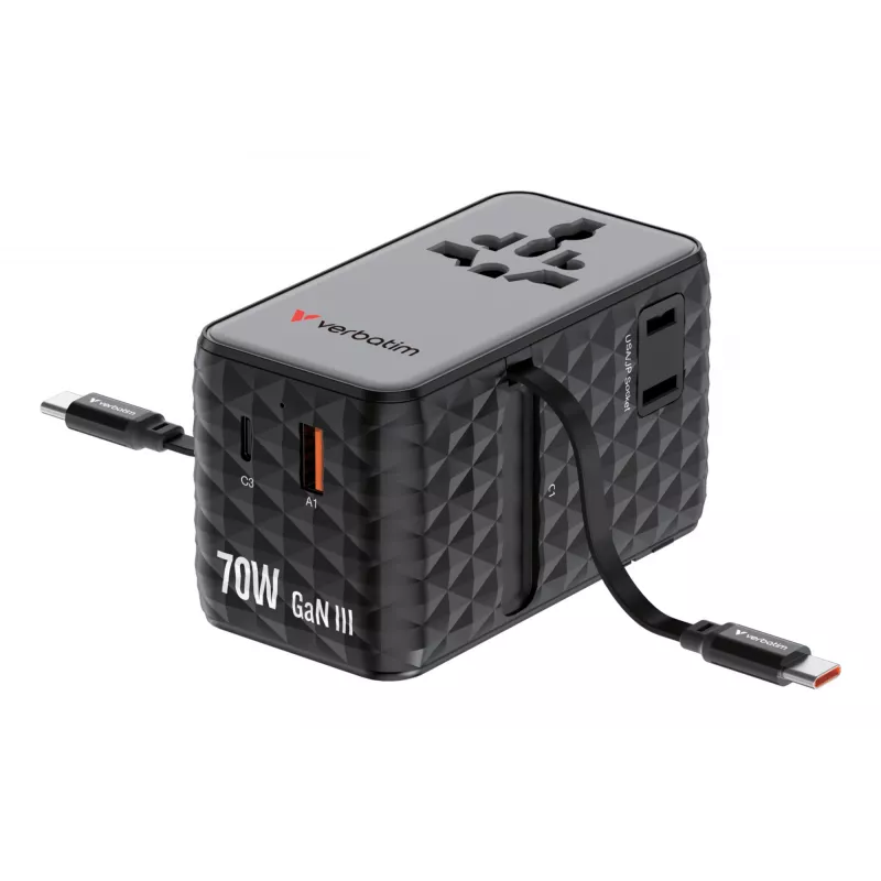 Verbatim Charge 'n' Travel 70W 2C įtraukiamas universalus kelioninis adapteris juodas