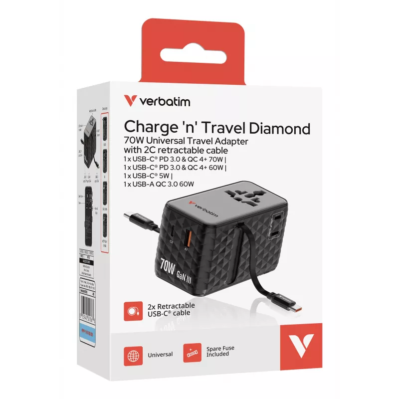 Verbatim Charge 'n' Travel 70W 2C įtraukiamas universalus kelioninis adapteris juodas
