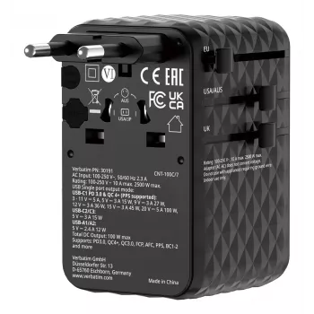 Verbatim Charge 'n' Travel 100W Universalus kelioninis adapteris su įtraukiamu USB-C laidu, juodas