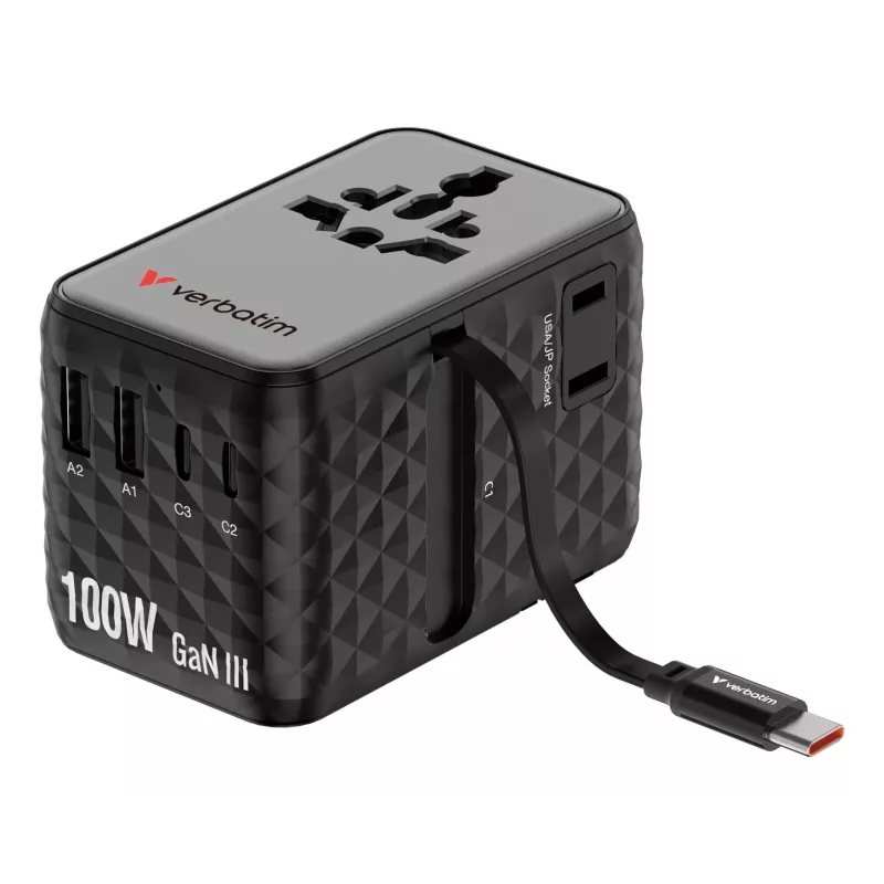 Verbatim Charge 'n' Travel 100W Universalus kelioninis adapteris su įtraukiamu USB-C laidu, juodas