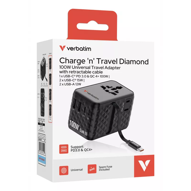 Verbatim Charge 'n' Travel 100W Universalus kelioninis adapteris su įtraukiamu USB-C laidu, juodas