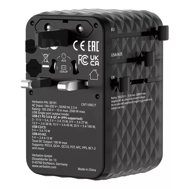 Verbatim Charge 'n' Travel 100W Universalus kelioninis adapteris su įtraukiamu USB-C laidu, juodas