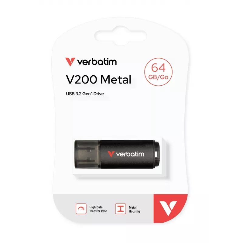 Verbatim V200 Metal USB Drive 64GB, 64 GB, USB Type-A, 3.2 Gen 1 (3.1 Gen 1), 200 MB/s, dangtelis, juoda