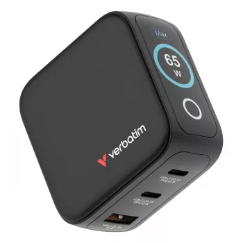 Verbatim Mini GaN 65W įkroviklis su ekranu, vidaus, AC, 20 V, juodas
