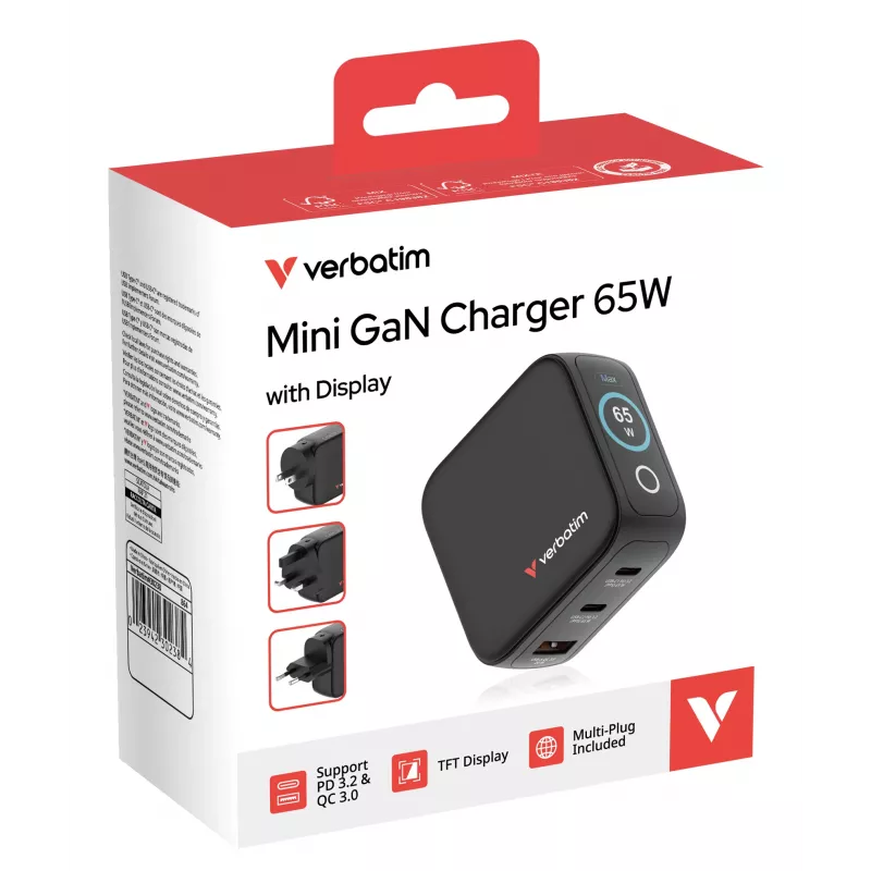 Verbatim Mini GaN 65W įkroviklis su ekranu, vidaus, AC, 20 V, juodas