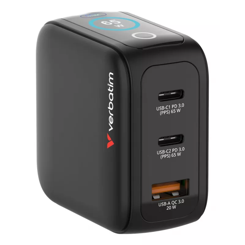 Verbatim Mini GaN 65W įkroviklis su ekranu, vidaus, AC, 20 V, juodas