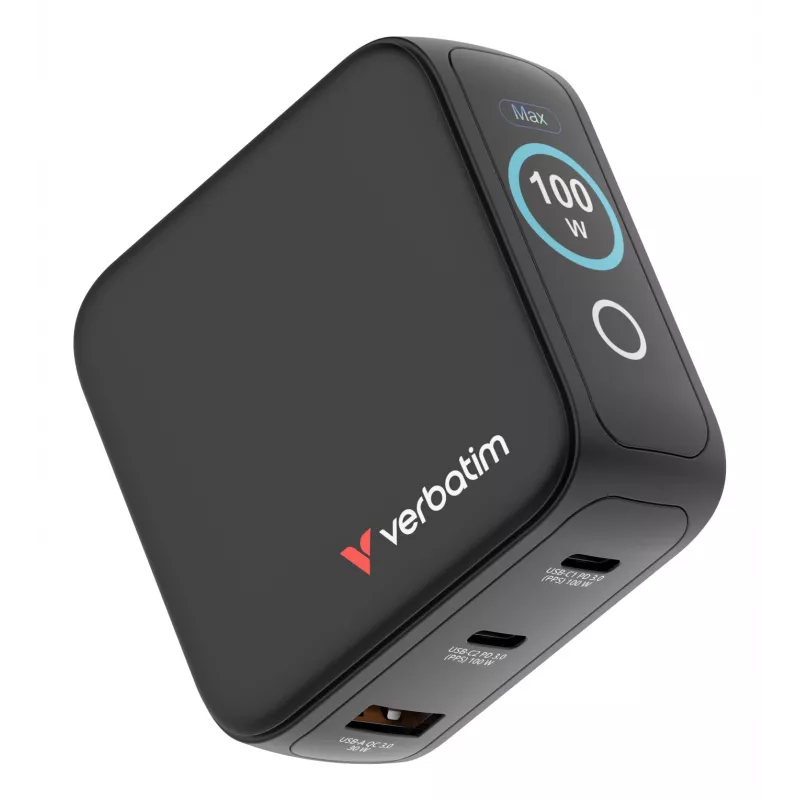 Verbatim Mini GaN Įkroviklis 100W su Ekranu, Vidinis, AC, 20 V, Juodas