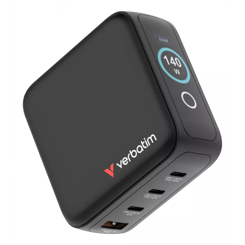 Verbatim Mini GaN įkroviklis 140W su ekranu, vidinis, AC, 28 V, juodas