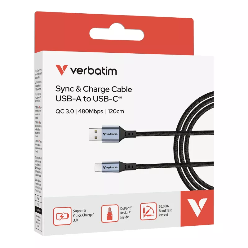 Verbatim Sync & Charge kabelis USB-A į USB-C 120 cm, 1,2 m, USB A, USB C, USB 2.0, 0,48 Gbit/s, Juoda