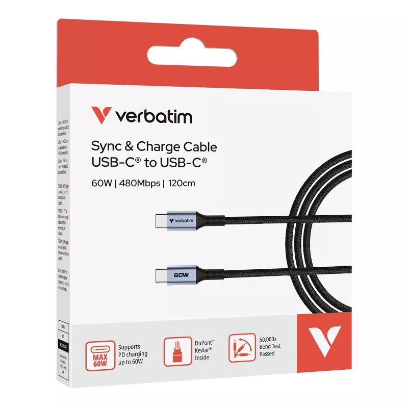 Verbatim Sync & Charge kabelis - 60W USB-C į USB-C 120 cm, 1,2 m, USB C, USB C, USB 2.0, 0,48 Gbit/s, juodas