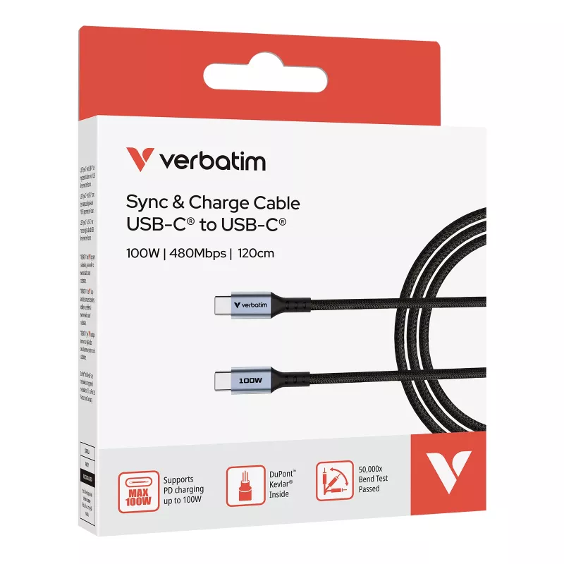 Verbatim Sync & Charge kabelis - 100W USB-C į USB-C 120 cm, 1,2 m, USB C, USB C, USB 2.0, 0,48 Gbit/s, Juoda