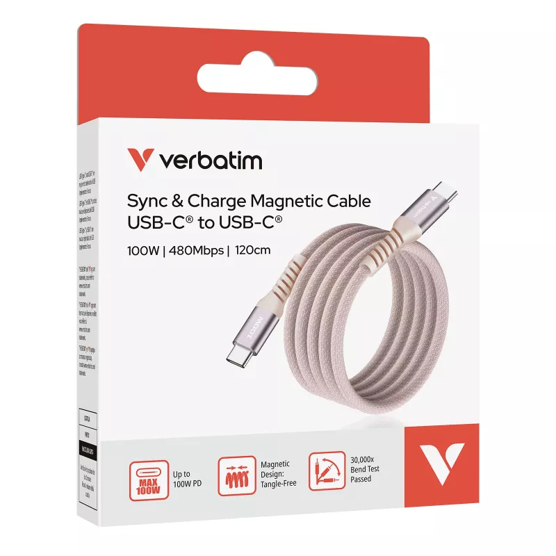 Verbatim Sync & Charge Magnetic Cable USB-C į USB-C 100W 120 cm Rožinis