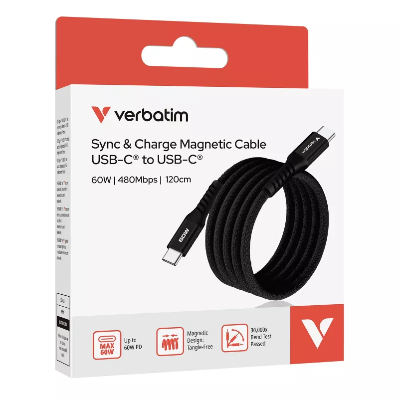 Verbatim Sync & Charge Magnetic Cable USB-C į USB-C 60W 120 cm juoda