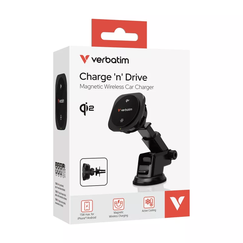 Verbatim Charge 'n' Drive Qi2 belaidis magnetinis automobilinis įkroviklis su aušinimu, USB, 1 m, juodas