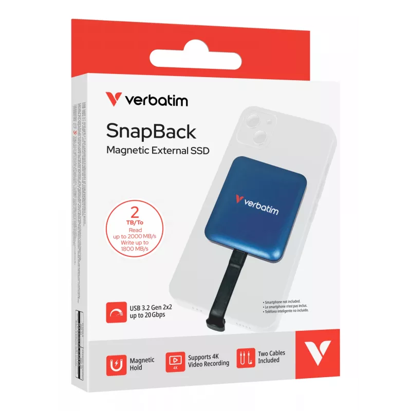 Verbatim SnapBack SSD 2TB Blue Metallic, 2 TB, USB Type-C, USB 3.2 Gen 2x2, 2000 MB/s, 20 Gbit/s, mėlyna