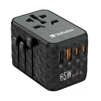 Verbatim UTA-05 65W GaN III universalus kelioninis adapteris su 2 x USB-C PD & QC 4+ ir 2 x USB-A prievadais