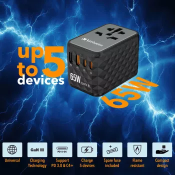 Verbatim UTA-05 65W GaN III universalus kelioninis adapteris su 2 x USB-C PD & QC 4+ ir 2 x USB-A prievadais