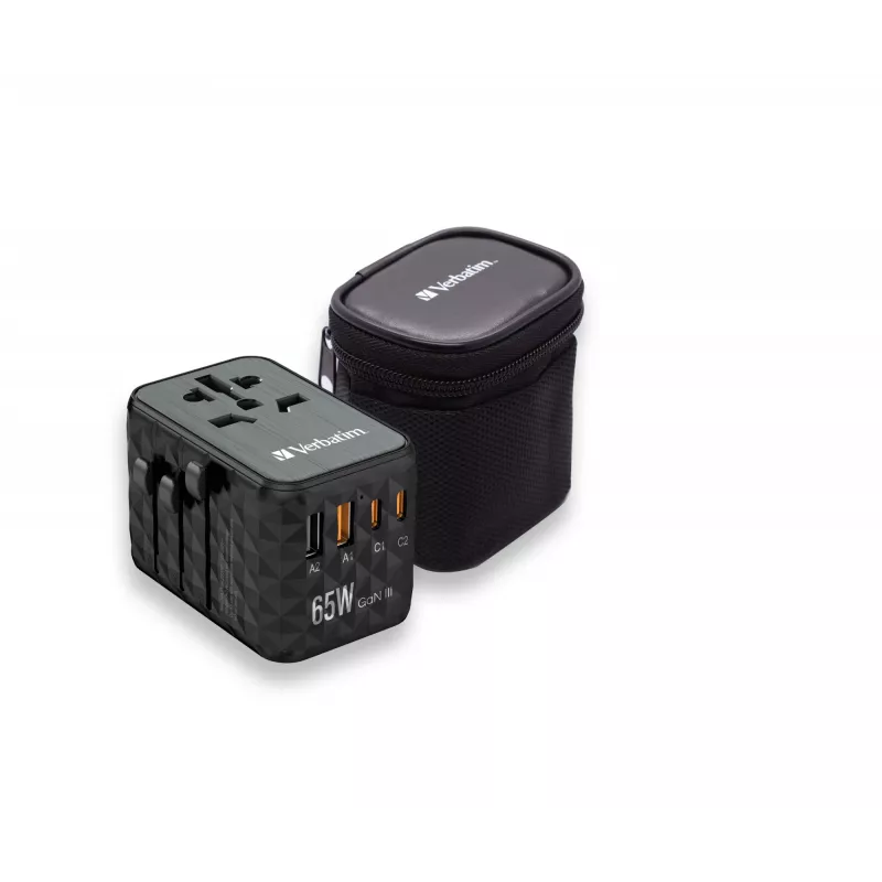 Verbatim UTA-05 65W GaN III universalus kelioninis adapteris su 2 x USB-C PD & QC 4+ ir 2 x USB-A prievadais