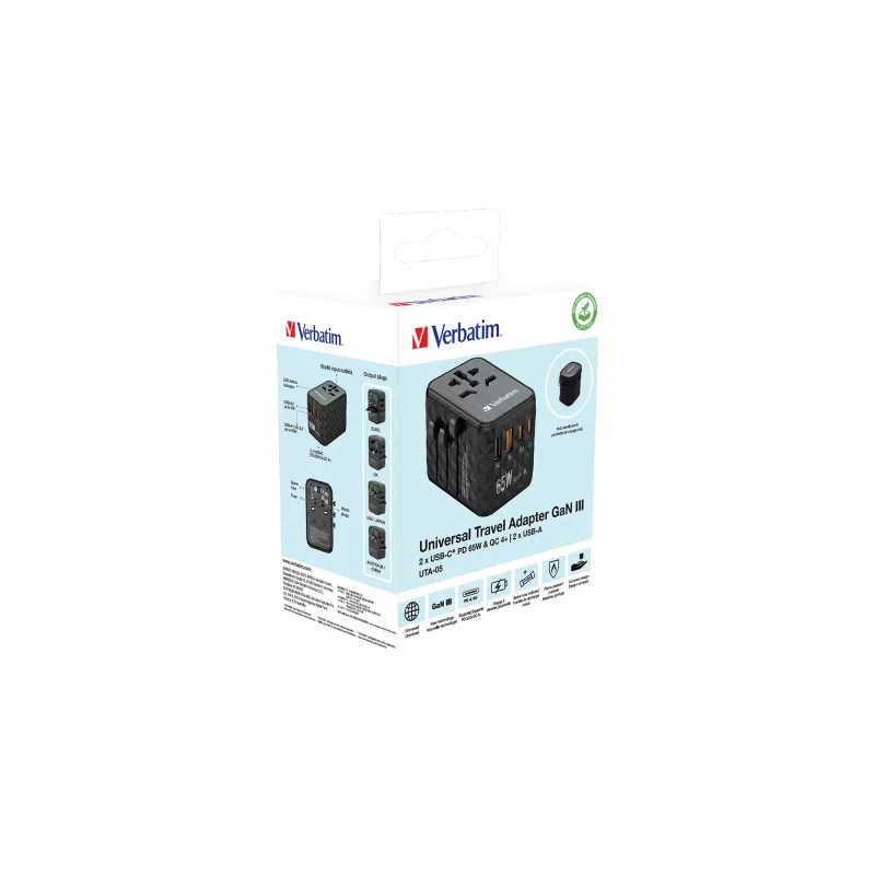 Verbatim UTA-05 65W GaN III universalus kelioninis adapteris su 2 x USB-C PD & QC 4+ ir 2 x USB-A prievadais