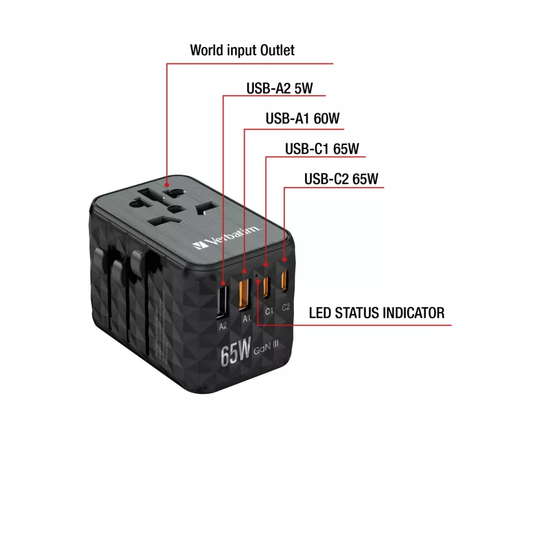 Verbatim UTA-05 65W GaN III universalus kelioninis adapteris su 2 x USB-C PD & QC 4+ ir 2 x USB-A prievadais