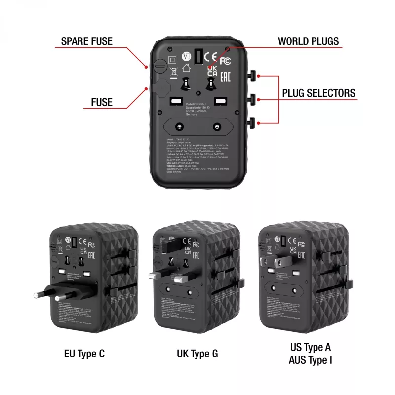 Verbatim UTA-05 65W GaN III universalus kelioninis adapteris su 2 x USB-C PD & QC 4+ ir 2 x USB-A prievadais