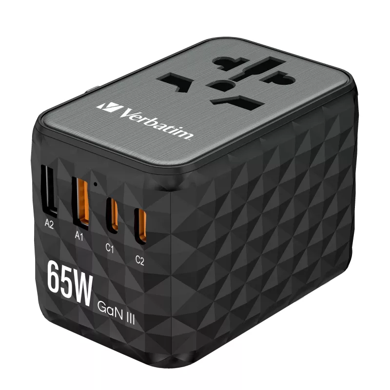 Verbatim UTA-05 65W GaN III universalus kelioninis adapteris su 2 x USB-C PD & QC 4+ ir 2 x USB-A prievadais
