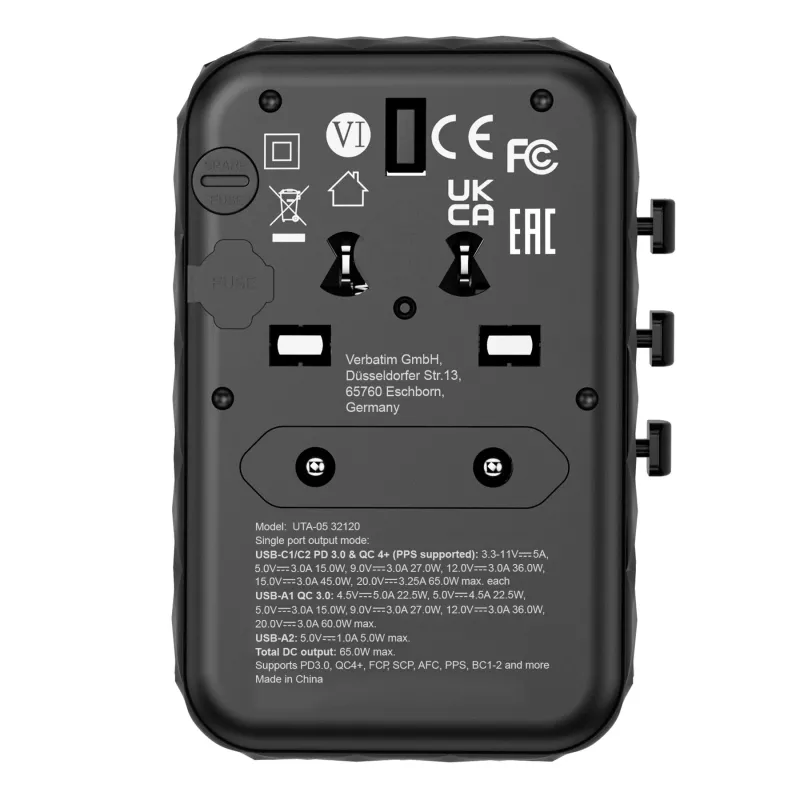 Verbatim UTA-05 65W GaN III universalus kelioninis adapteris su 2 x USB-C PD & QC 4+ ir 2 x USB-A prievadais