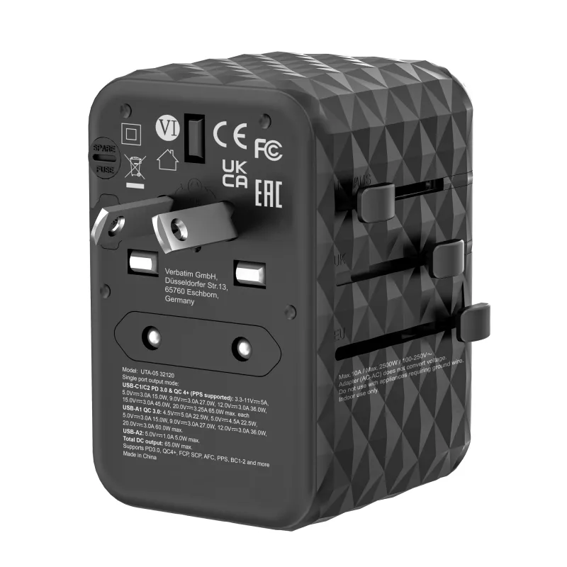 Verbatim UTA-05 65W GaN III universalus kelioninis adapteris su 2 x USB-C PD & QC 4+ ir 2 x USB-A prievadais