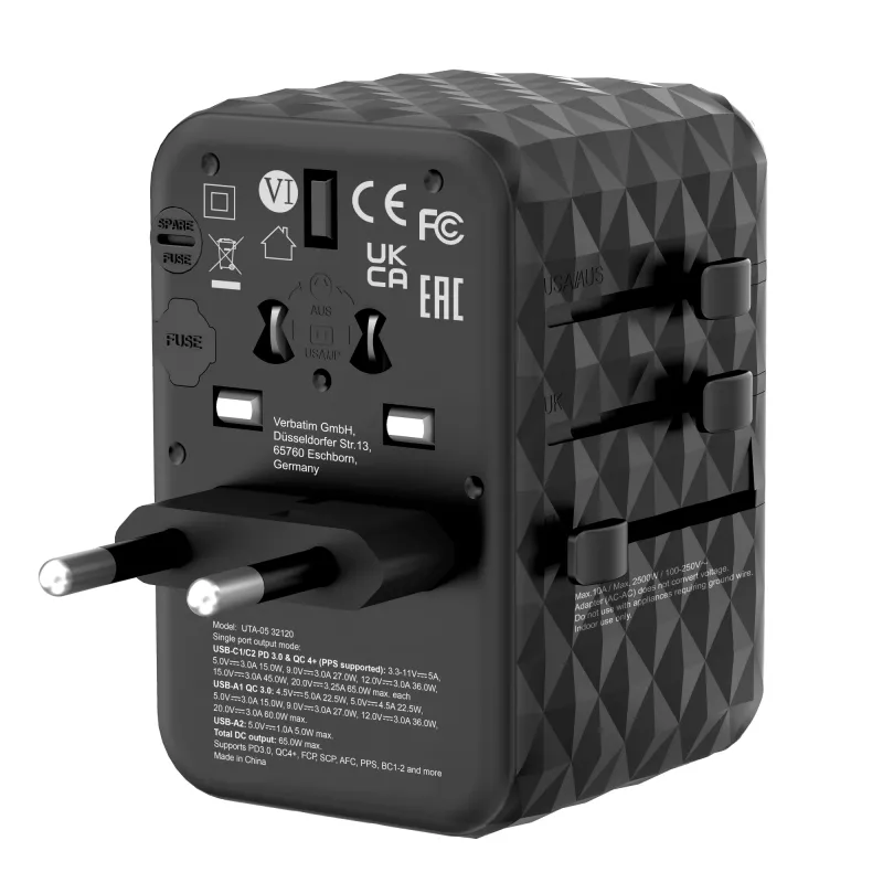 Verbatim UTA-05 65W GaN III universalus kelioninis adapteris su 2 x USB-C PD & QC 4+ ir 2 x USB-A prievadais