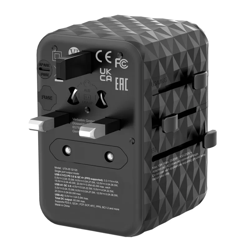 Verbatim UTA-05 65W GaN III universalus kelioninis adapteris su 2 x USB-C PD & QC 4+ ir 2 x USB-A prievadais