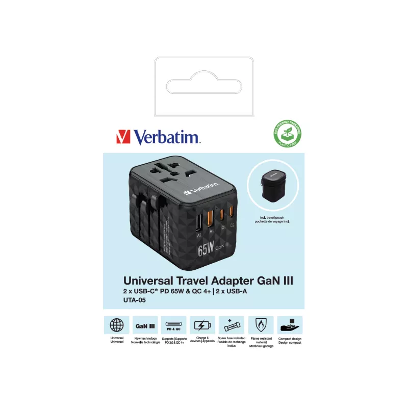 Verbatim UTA-05 65W GaN III universalus kelioninis adapteris su 2 x USB-C PD & QC 4+ ir 2 x USB-A prievadais