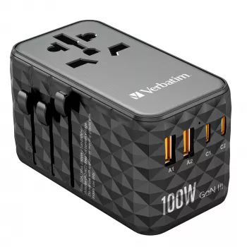 Verbatim UTA-06 100W GaN III Universalus kelioninis adapteris su 2 x USB-C PD & QC 4+ ir 2 x USB-A QC 3.0 prievadais