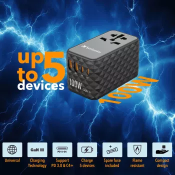 Verbatim UTA-06 100W GaN III Universalus kelioninis adapteris su 2 x USB-C PD & QC 4+ ir 2 x USB-A QC 3.0 prievadais