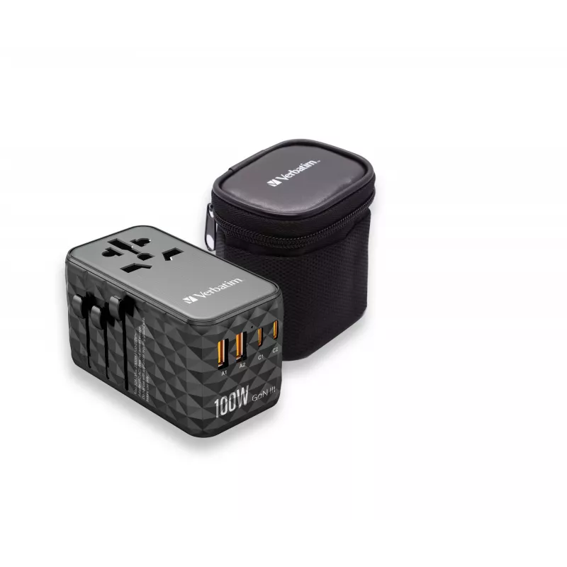 Verbatim UTA-06 100W GaN III Universalus kelioninis adapteris su 2 x USB-C PD & QC 4+ ir 2 x USB-A QC 3.0 prievadais