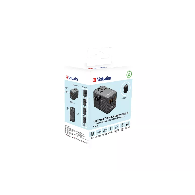 Verbatim UTA-06 100W GaN III Universalus kelioninis adapteris su 2 x USB-C PD & QC 4+ ir 2 x USB-A QC 3.0 prievadais