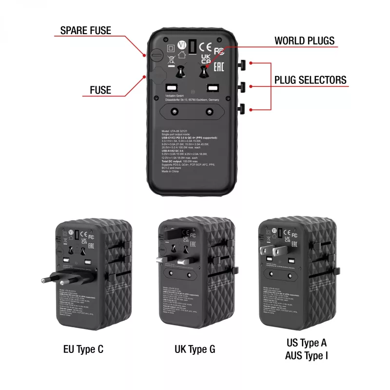 Verbatim UTA-06 100W GaN III Universalus kelioninis adapteris su 2 x USB-C PD & QC 4+ ir 2 x USB-A QC 3.0 prievadais