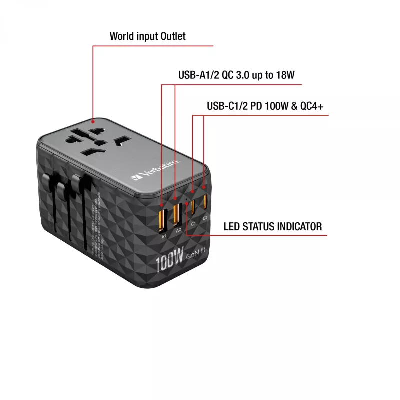 Verbatim UTA-06 100W GaN III Universalus kelioninis adapteris su 2 x USB-C PD & QC 4+ ir 2 x USB-A QC 3.0 prievadais